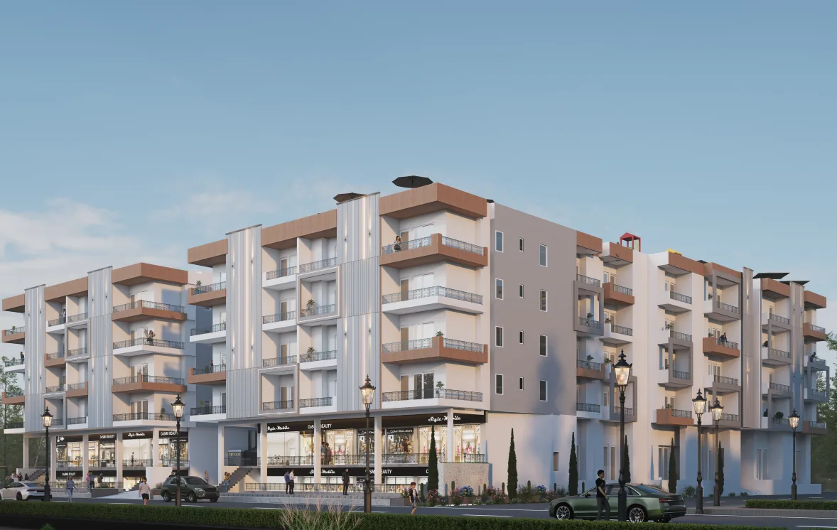 Corner elevation showing balconies and shopfronts