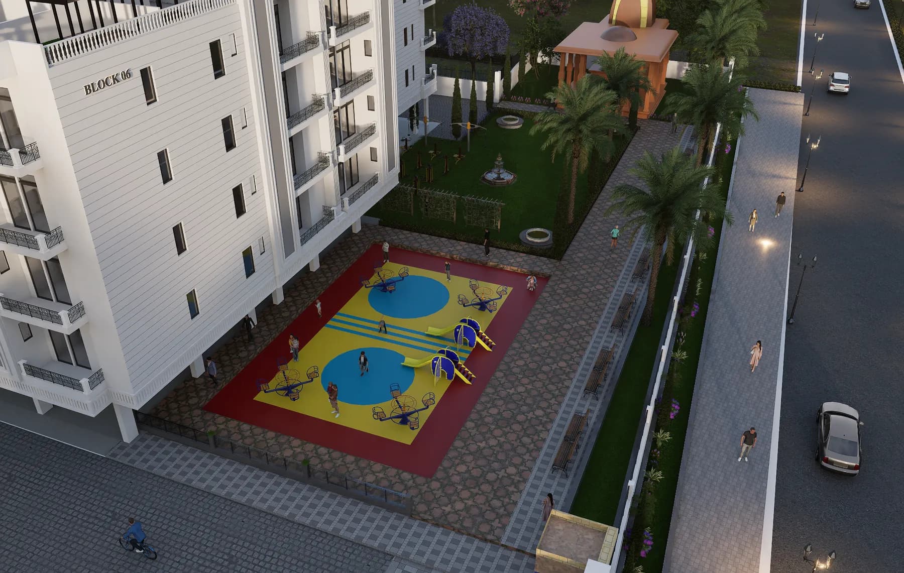 Children's play area beside Block 06 with the temple pavilion behind