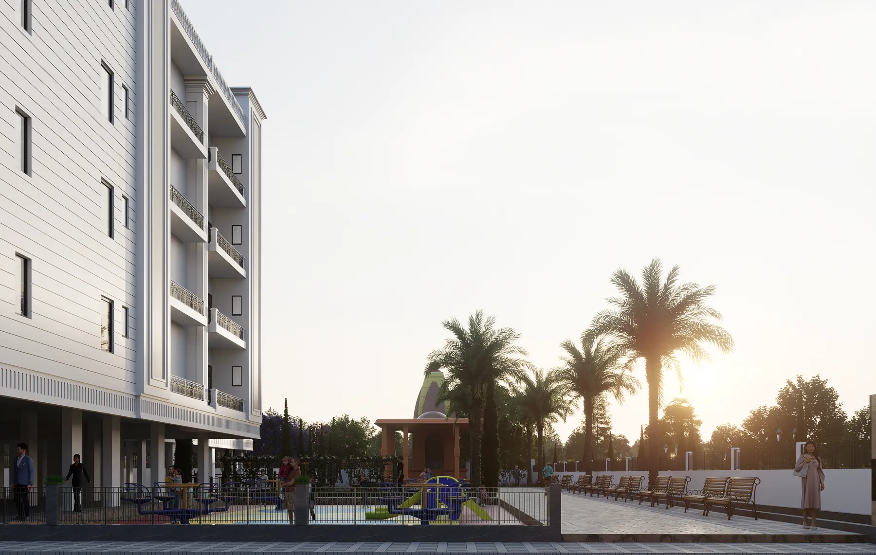 Golden-hour view along the internal street and play area